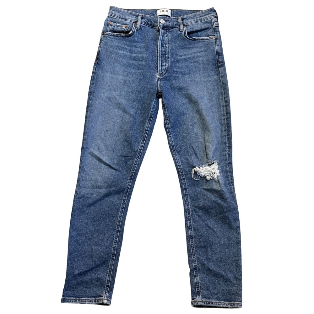 AGOLDE Jeans Women 28 Blue High Rise Slim Distressed Button Fly Ripped Denim